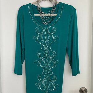 Silver Studded Round Neck Embellished T-Shirt 3/4 Sleeve Green…